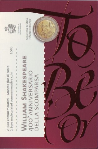2 евро 2016 Сан-Марино - Шекспир (в буклете)