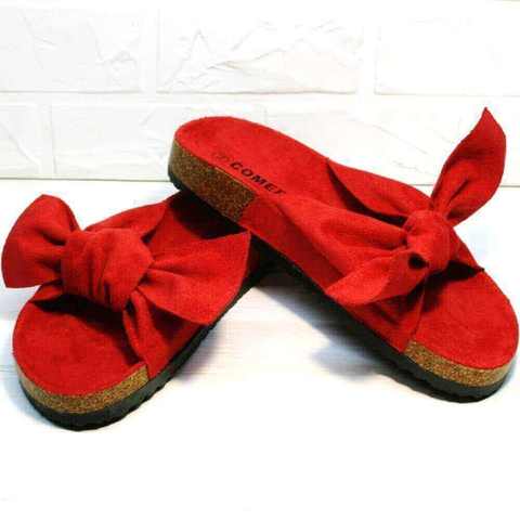 Биркенштоки - удобные сандали на плоской подошве. Ортопедические шлепки женские с бантом Comer-Red.