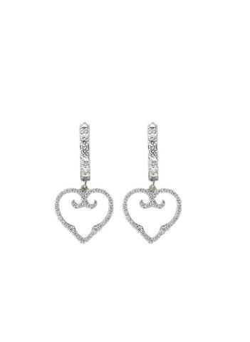 Mono Heart Earrings, Rhodium, Cubic Zircons