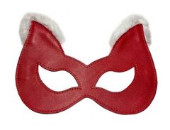 Красная маска из натуральной кожи с белым мехом на ушках - 