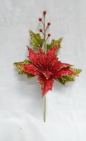 Веточка с листьями и цветком пуансетии 46см ChristmasDeLuxe premium collection красно-золотая