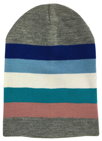 Зимняя двухслойная удлиненная шапочка с полосками.  Темно-синяя, голубая, белая, бирюзовая и розовая полоски на фоне - светло-серый меланж.