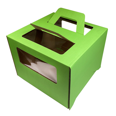 Коробка для торта 28*28*20 см, Зеленая, с ручками и окнами