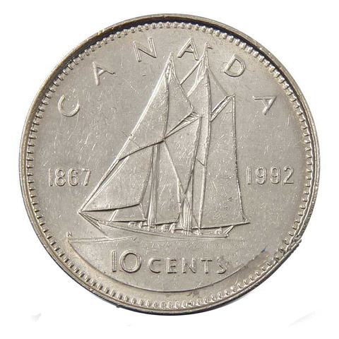 10 центов "125 лет конфедерации. Парусник" 1992 год UNC