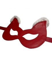 Красная маска из натуральной кожи с белым мехом на ушках - 