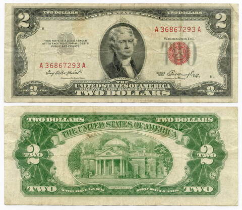 Банкнота США 2 доллара 1953 A 36867293 A. F