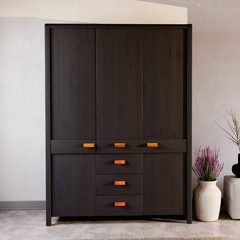 Шкаф для одежды, 150х59х211, Мадейра, распашной, с ящиками, в прихожую, из массива сосны, серый, Dipriz