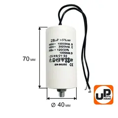 Конденсатор UNITED PARTS CBB60, 28 мкФ, 450В, гибкие выводы+шпилька (90-0334)