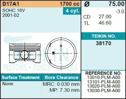 Поршень двигателя TEIKIN 38170 STD (4шт/упак)