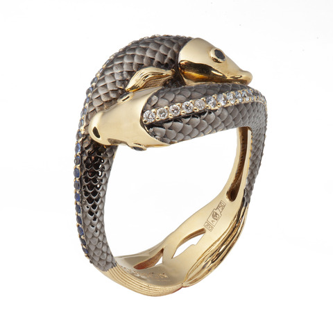 Кольцо Рыбы с Сапфирами и Бриллиантами, R0251-0/14