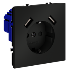 Розетка встраиваемая VOLTUM S70 с заземлением и защитными шторками, 16А, с USB, A+A, (черный матовый)