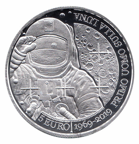 5 евро. Космос. 50 лет высадки первого человека на Луну. Сан-Марино. 2019 год.
