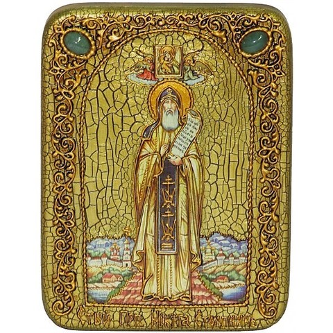 Инкрустированная икона Преподобный Никита Столпник, Переславский чудотворец 20х15см на натуральном дереве, в подарочной коробке