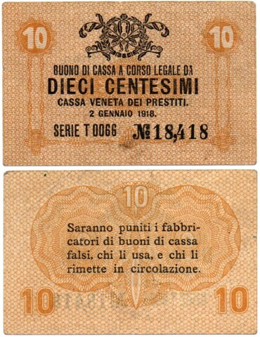 Банкнота Венеция 10 сентесим 1918 Оккупация Австро-Венгрии № 18,418