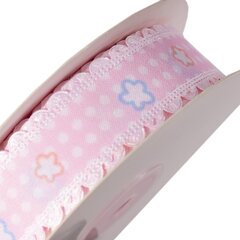 
          Декоративная лента капроновая для декора и флористики, 2,5 см, намотка 25 ярдов, розовый, дизайн белый горошек с цветочками