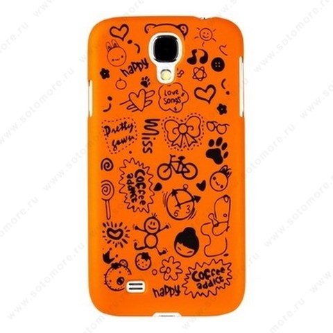 Накладка для Samsung Galaxy S4 i9500/ i9505 цветная с рисунками оранжевая