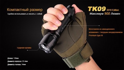 Фонарь светодиодный тактический Fenix TK09, 900 лм, аккумулятор