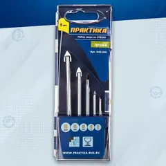 Набор сверл по стеклу и керамике ПРАКТИКА Профи, 5 шт, 3, 4, 5, 6, 8 мм, ПРО (640-346)