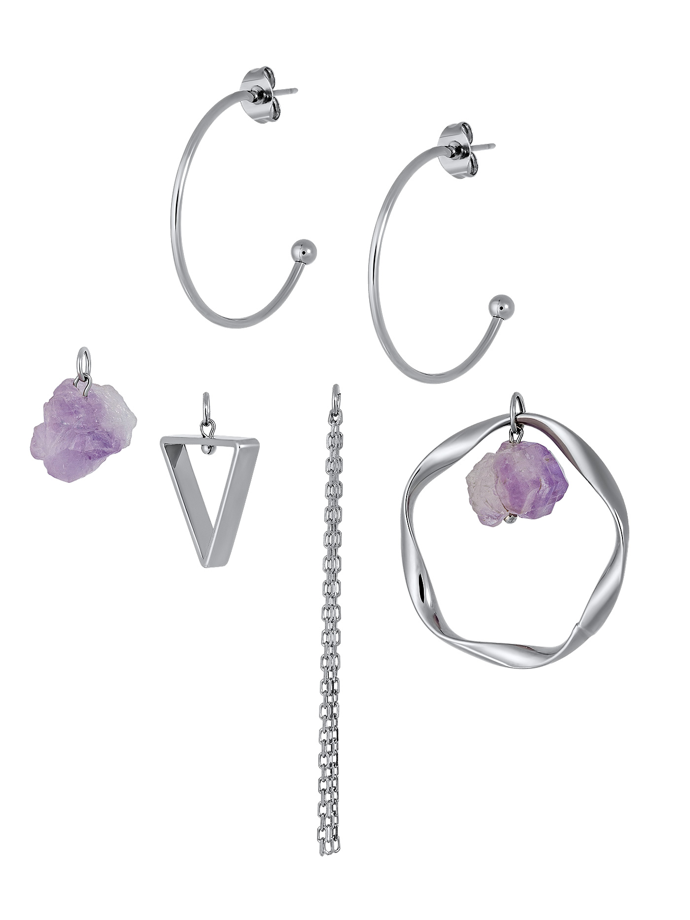 Серьги трансформеры с аметистом и цепочками