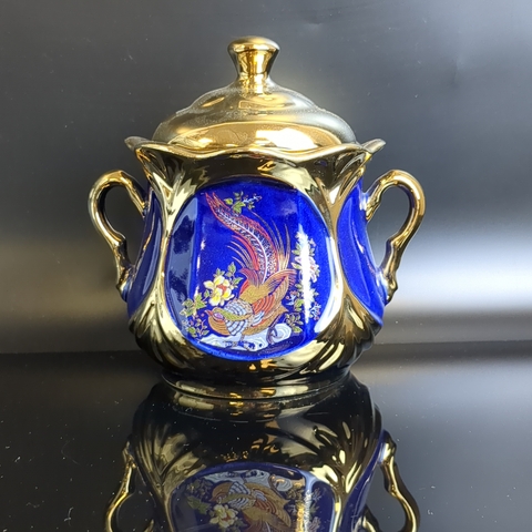 Сахарница кобальт с позолотой, роспись "Жар-птица" винтаж СССР 1970-1990 гг