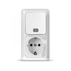 UNIVersal  Олимп  Белый Блок 1-клавишный с подсветкой + 1-местная  евро с заземляющими контактами 16А 220В вертикальный О0039