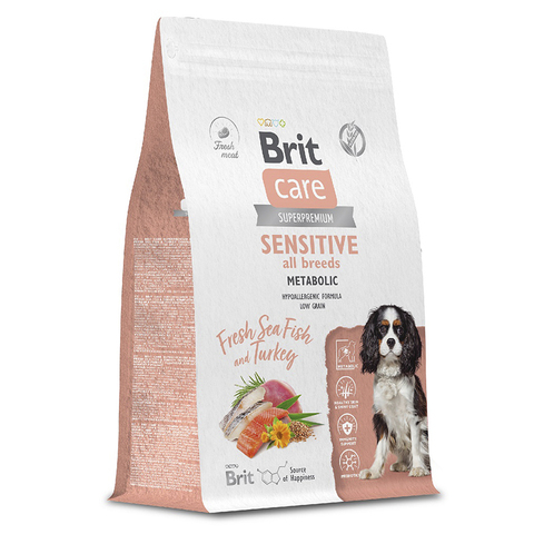 Корм Brit Care Dog Adult Sensitive Metabolic, с морской рыбой и индейкой, для взр. собак, 3 кг.