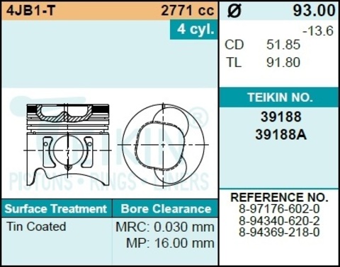Поршень двигателя TEIKIN 39188A STD (4шт/упак)
