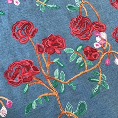 Ткань джинса голубая с вышивкой 2091