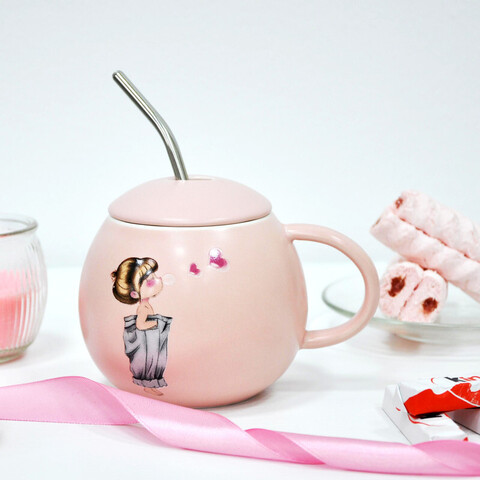 Керамическая кружка с крышкой, розовый, 430мл