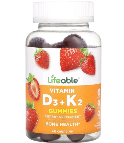 Lifeable, Жевательные мармеладки с витамином D3 и K2, натуральная клубника, 60 жевательных таблеток