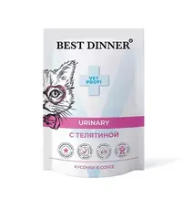 Влажный корм паучи для кошек Best Dinner Vet Profi Urinary 0,085кг телятина кусочки в соусе влажный (для профилактики мочекаменной болезни). 24 упаковки