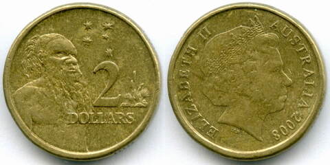 2 доллара 2008 год. Австралия. Абориген. Елизавета II. Тип 3. Бронза, диаметр 20.5 мм. XF
