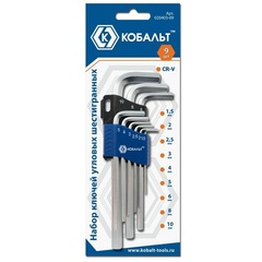 Набор ключей угловых шестигранных КОБАЛЬТ 1.5, 2, 2.5, 3, 4, 5, 6, 8, 10 мм Cr-V (9 шт.) блистер (020403-09)