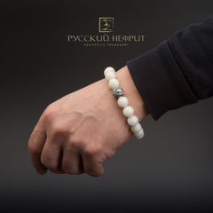 Браслет Православный. Белый нефрит с надцветом. 12мм