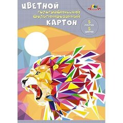 
          Картон цветной Апплика, А4, голографический, фольгинированный, 5 листов, 5 цветов, картонная папка, "Лев"