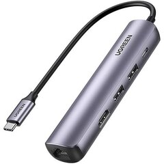 USB-хаб UGREEN CM418 USB-C to 2*USB 3.0+HDMI+RJ45 Ethernet Adapter+PD, серебристый