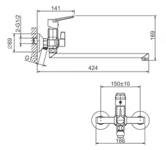 Смеситель для ванны BELZ B22715-3 длинный излив, латунь, графит