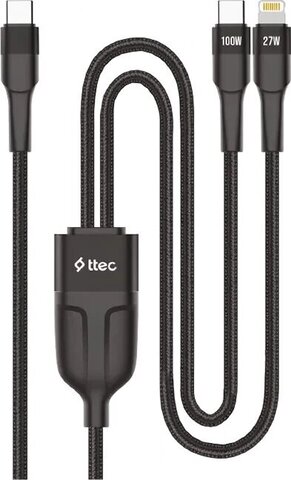 Кабель TTEC AlumiCable Duo USB-C To USB-C & Lightning Fast Charge 100W Cable, 150см, черный