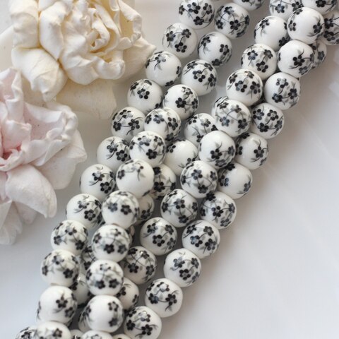 Бусина Шарик, керамика, белая с черной росписью, 12 мм, 1 нить, К165