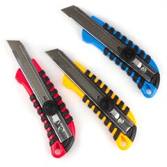 
          Нож канцелярский Alingar, 18 мм, усиленный, с механич фиксацией лезвия, с металл. напр., мягкие вставки, пластик корпус, ассорти, пакет с европодвесом