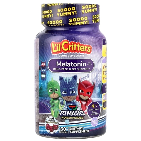 Lil critters, PJ masks power heroes, жевательные мармеладки с мелатонином, для детей от 4 лет, вкусные ягоды, 1 мг, 60 жевательных таблеток, ( 0,5 мг в 1 жевательной мармеладке)