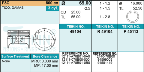 ПОРШЕНЬ 0,5 MATIZ 0,8 F8CV TEIKIN 69,0 1,2-1,5-2,8 (+ПАЛЕЦ)