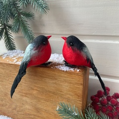 Снегирь, птичка зимняя, с красной грудкой, на проволоке , перьевые, 12*3,5 см, набор 2 шт.