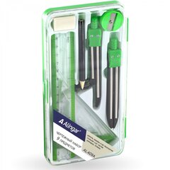 
          Готовальня Alingar, 9 предметов, металл. циркуль, точилка, карандаш, ластик, набор линеек 4шт, кольцо-переходник, пластиковый футляр