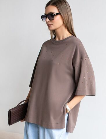 Футболка оверсайз с принтом стразами из премиального хлопка  D49.125 (130216)