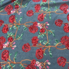 Ткань джинса голубая с вышивкой 2091