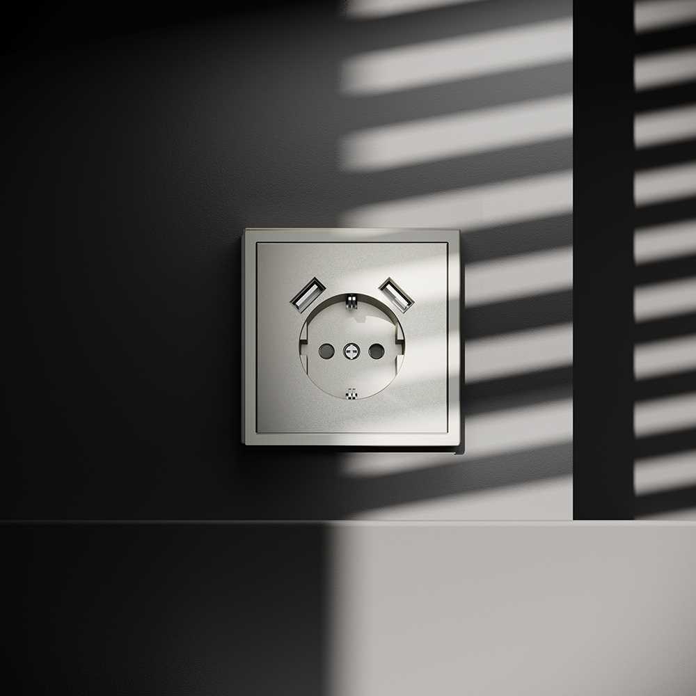 Розетка встраиваемая Voltum S70 с заземлением и защитными шторками, 16А, с USB, A+A, (шелк) VLS040404