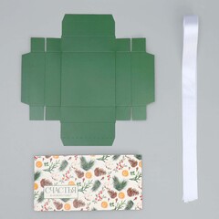 Коробка сборная одиночная Куб, Счастья в Новом году, с лентой, Белый/Зеленый, 10*10*10 см, 1 шт.