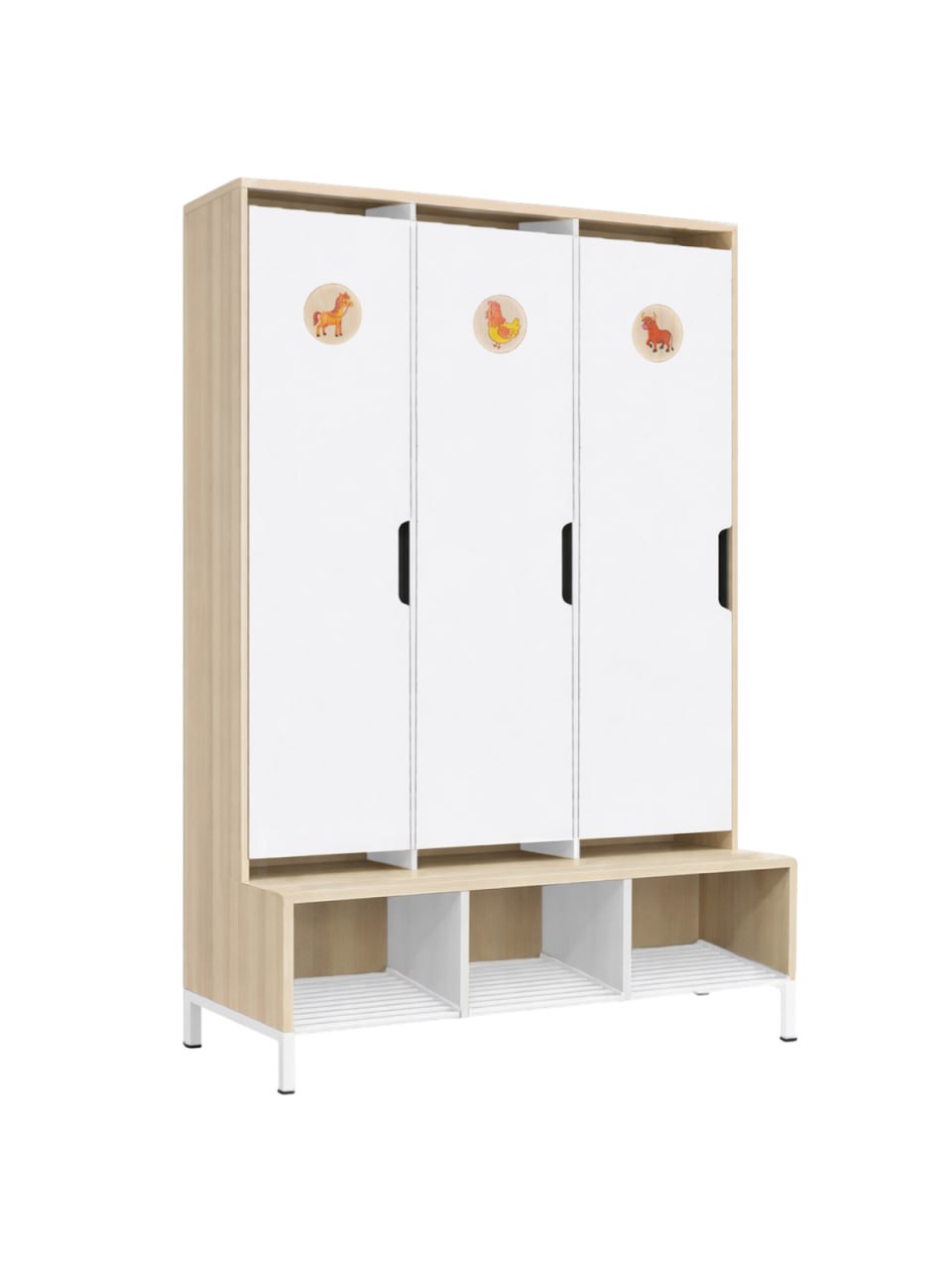 Шкаф со скамьёй для раздевалки детского сада / 3 секции