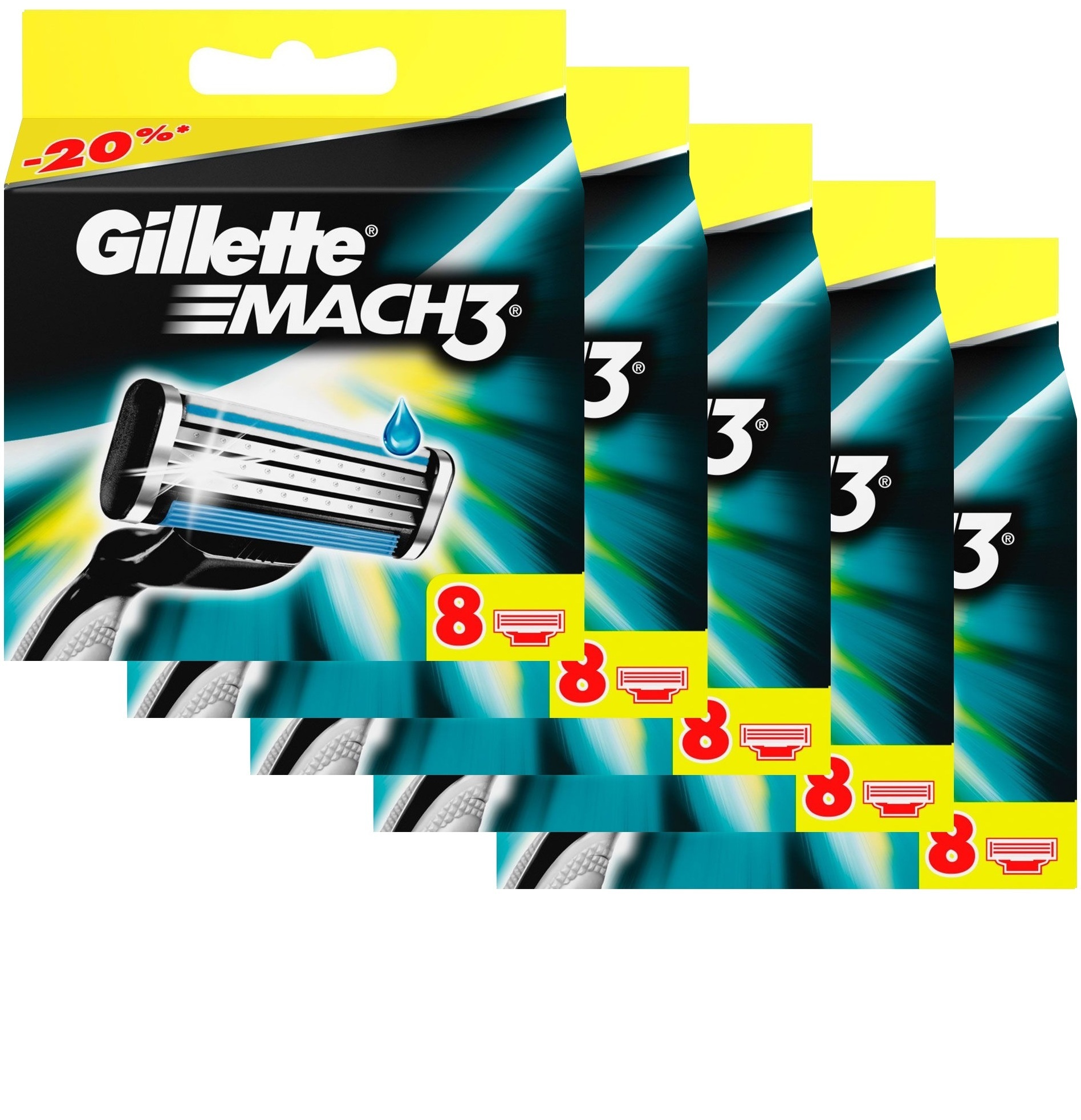 Сменные кассеты для бритья Gillette MACH3 комплект 5 по 8 (40 шт). Цена с учетом скидки 12%.